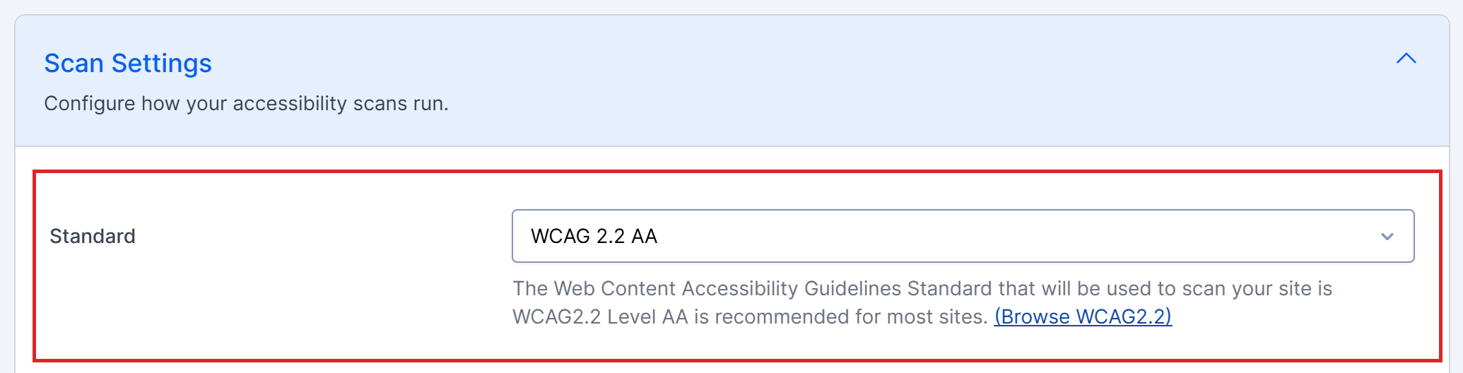 The Scan Settings section of a site’s settings, with the Standard setting highlighted and set to WCAG 2.2 AA.