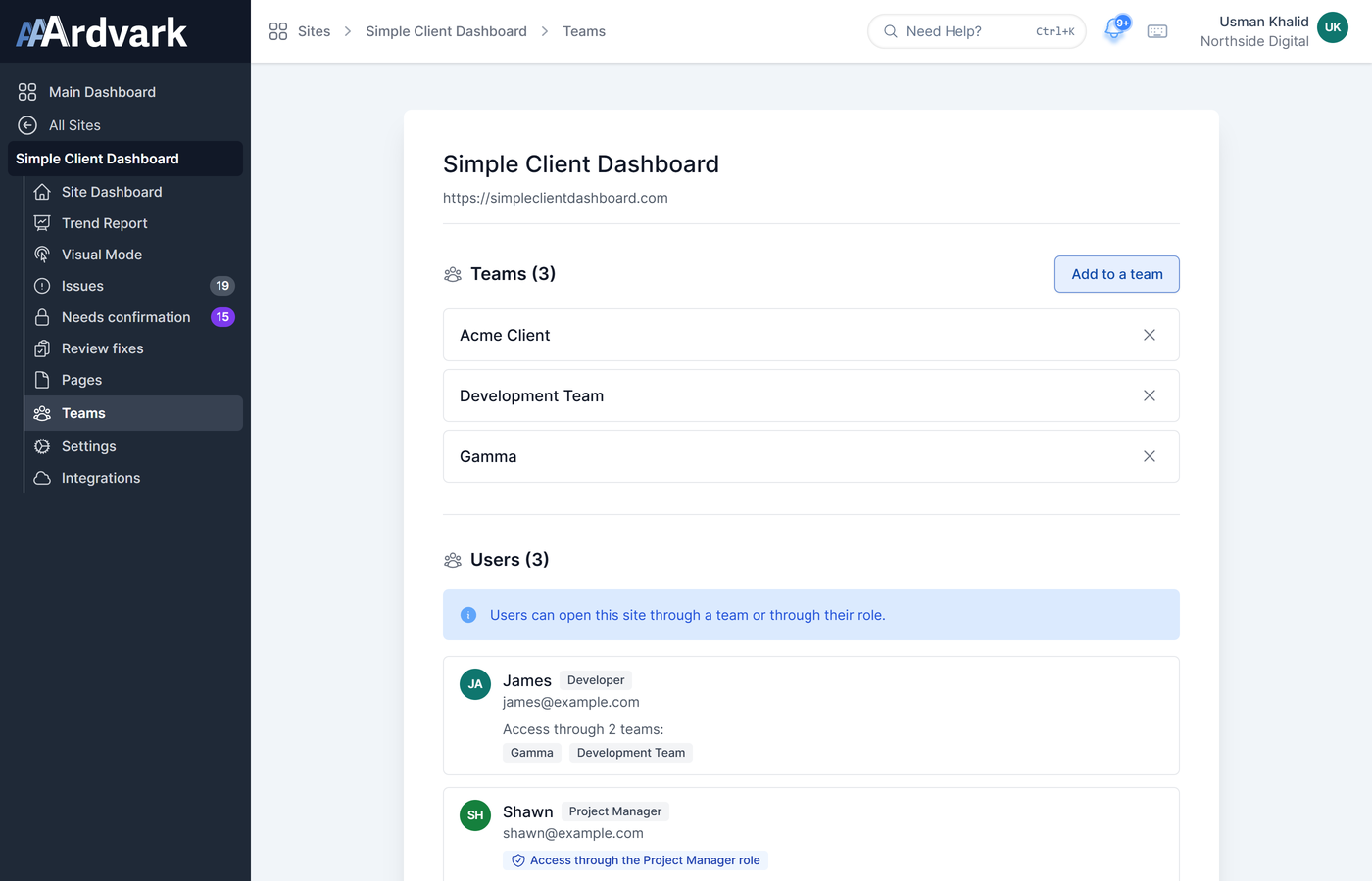 The Teams screen for Simple Client Dashboard, listing the three teams the site is on with an Add to a team button, and a Users section showing James with access through two teams and Shawn with access through the Project Manager role.
