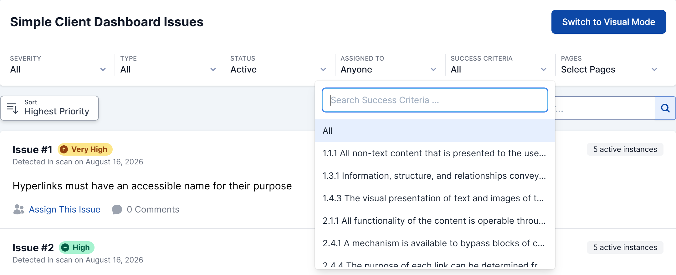 The Issues list with the Success Criteria filter open, showing a search box and criteria such as 1.1.1, 1.3.1, 1.4.3, 2.1.1, and 2.4.1.