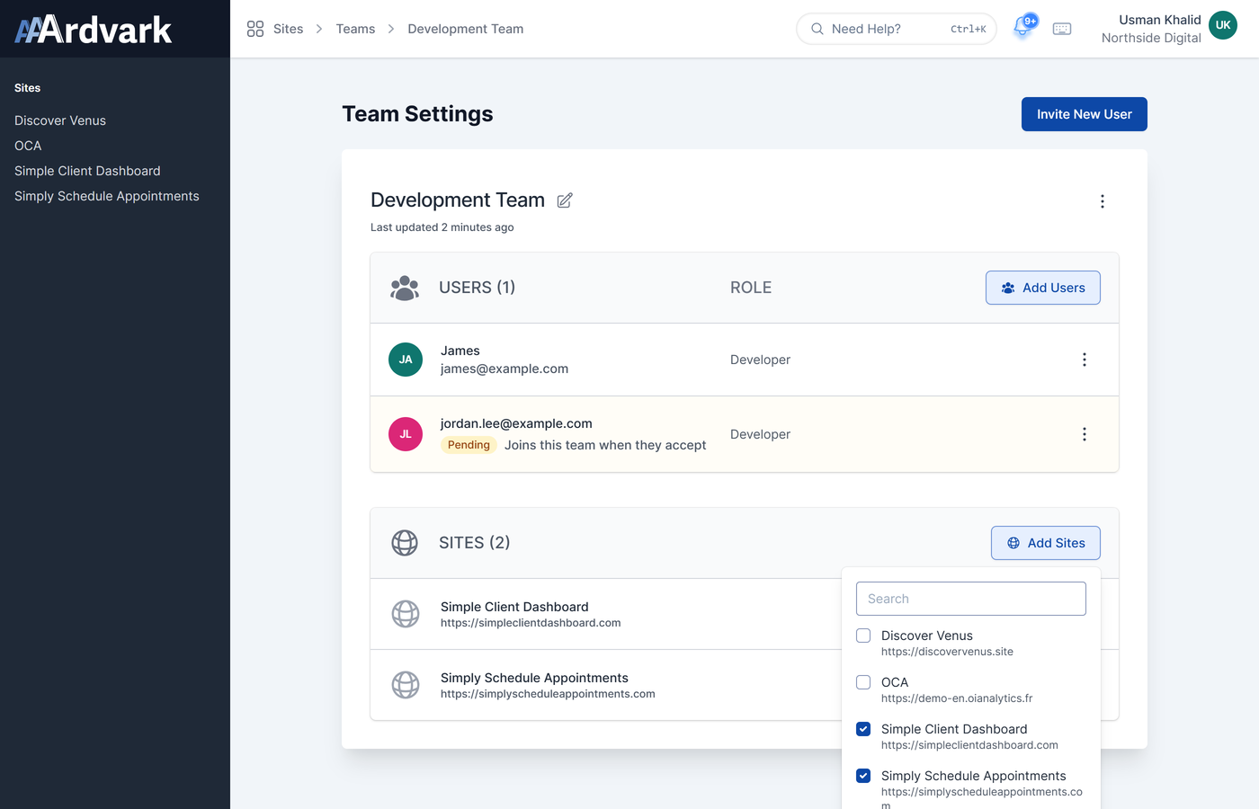 A team screen with the Add Sites panel open, showing a search box and site checkboxes, two of them ticked.