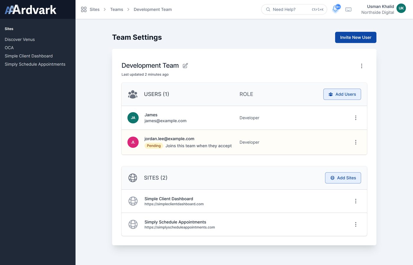 The Development Team screen, with James listed as a Developer, an invited user marked Pending and the note Joins this team when they accept, and two sites listed below.