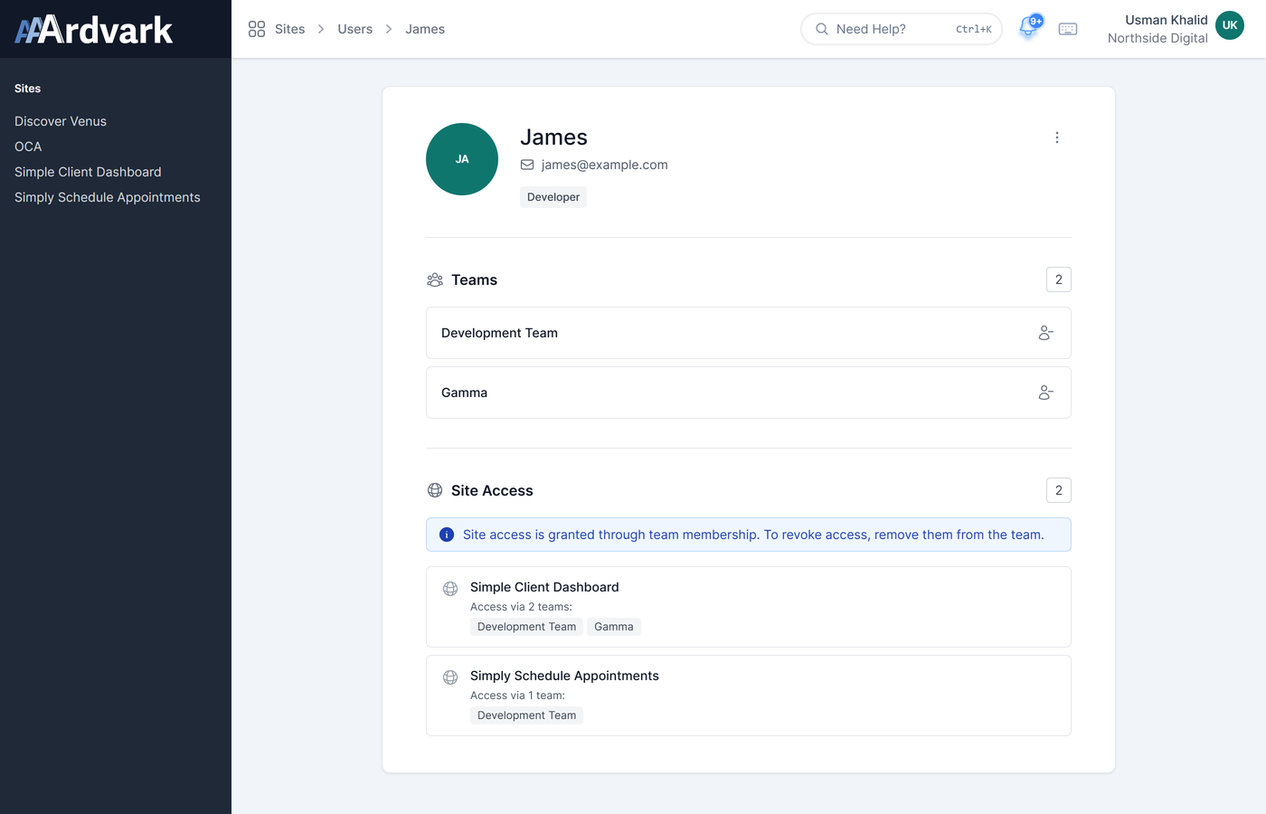 A user page for James, a Developer, showing his two Teams and the Site Access section listing each site he can open and the Teams that give him access.